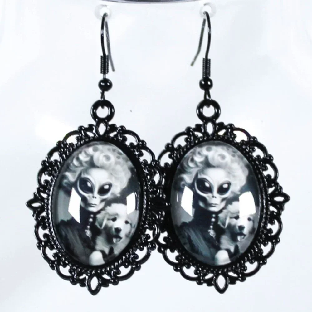 Alien Aristopaw Gothic Victorian Alien Woman & Pyrenees Puppy Earrings